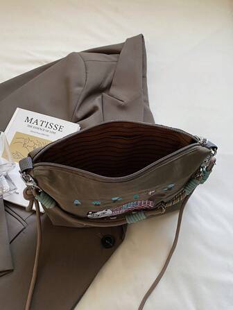 Japanese Style Embroidered Shoulder Bag, Unique Design Fashion Versatile Large Capacity Casual Messenger Bag, Lightweight Tote