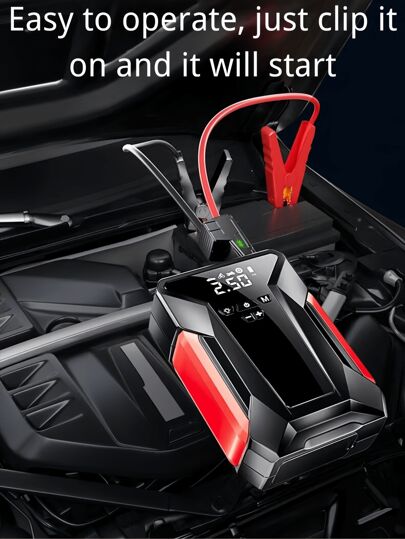 Car Starter With Air Pump, 4000A Peak, 29800mAh Car Battery Charger With Air Pump, 12V Car Battery Starting Power Supply, With Emergency LED Light, Portable Power Bank, Leather Storage Bag.