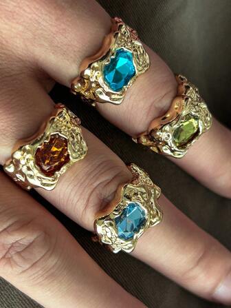 4st Vintage Elegant Minimalistisk Strass & Metallic Finger Ring Set, Herr Hip Hop Charm Smycken, Justerbara Par Ringar