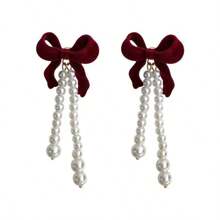 1pc New Vintage Hong Kong Style Wine Red Flocked Bow S925 Silver Needle Earring, 2-In-1 Pearl Earring For Autumn/Winter