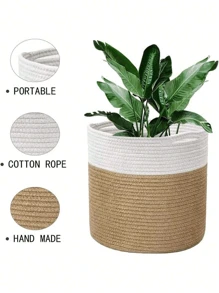 1 pieza Macetero de dos tonos hecho a mano, cesta de almacenamiento decorativa tejida, maceta de flores de jardín de paja, mimbre, ratán o hierba marina