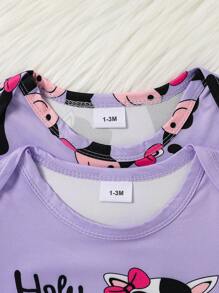 2pcs/Set Cute Cartoon Cow Print Footed Jumpsuit Romper - Purple - View 3