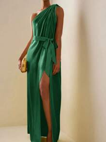 Women's Side Slit One-Shoulder Elongated Evening Dresses Have Belts - Dark Green - View 3