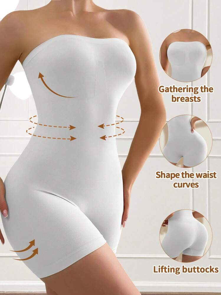 Mono sin costuras y sin tirantes para mujer, antideslizante | Despídete del complicado shapewear | Cintura ceñida, abdomen aplanado, levantamiento de glúteos, esencial para estilizar - Blanco - Ver 1