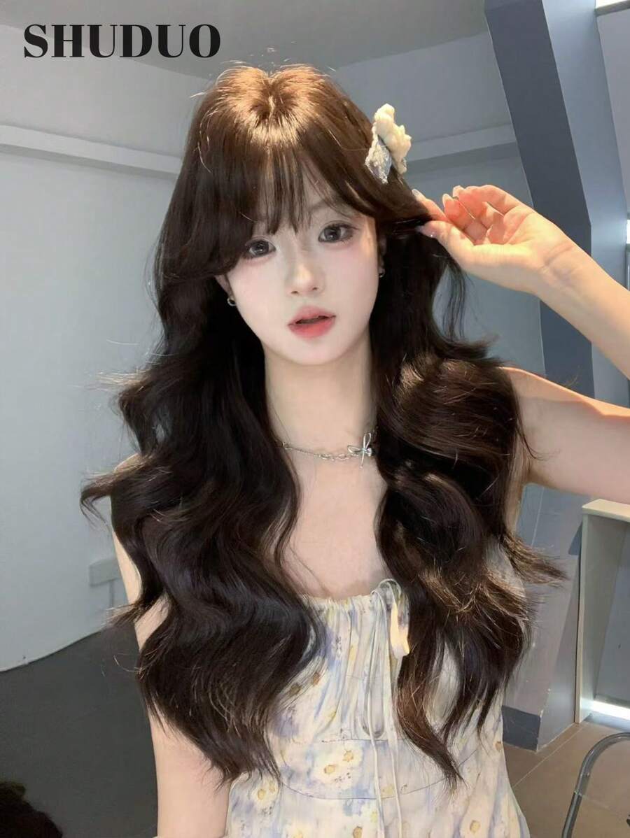 SHUDUO 1 合成耐热、波浪假发黑棕色假发，26 英寸长，齐刘海，由纤维制成，适合日常使用，自然逼真的假发（不含配件）