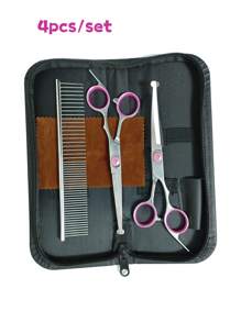Professional Pet Grooming Scissors Set - Straight Shears, Thinning Shears, Curved Shears, Steel Comb, Suitable For Pet Hair Trimming And Brushing, Pink Grooming Kit