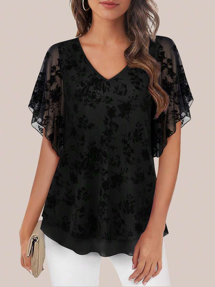 CheersLife Blusas de verano elegantes de doble capa de malla, blusas de túnica para mujer con cuello en V de manga corta para uso casual elegante