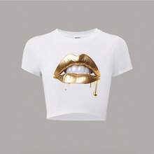 100% Cotton Unisex Crop Round Neck Short - SLeeve T - Shirts, Basic Tees, And Graphic Crop Tops Are Summer Women's Tops. With Golden Lips Graphic