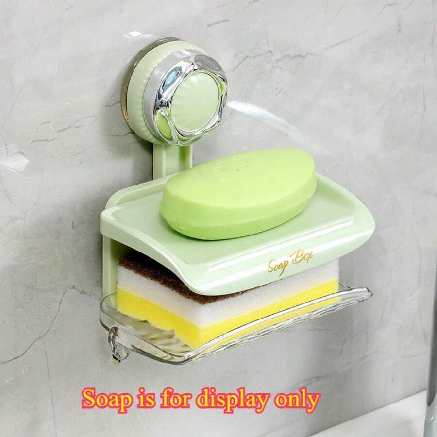 1-Piece Wall Mounted Soap Box With Suction Cup - No Need For Drilling Installation, Double-Layer Drainage Design, Space Saving, Hygienic And Easy To Use, Used For Bathroom Storage, Mint Green Plastic, Rectangular