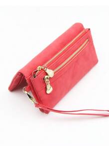 A Red Double Zipper Long Purse European And American Vintage Frosted Multi-Card Folding Large Capacity Expandable Mobile Phone Integrated Wallet Party Gifts High Texture PU Mobile Phone Long Ticket Holder Convenient Daily Travel Clutch Bag