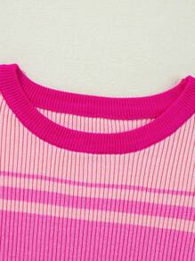 Acelitt Summer Pink Mixed Stripe Rib Knit Crew Neck Top - Pink - View 6