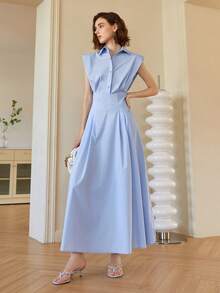 女士无袖纯色优雅中长衬衫裙，复古款领口连衣裙，优雅春夏连衣裙，女士毕业舞会节商务休闲装