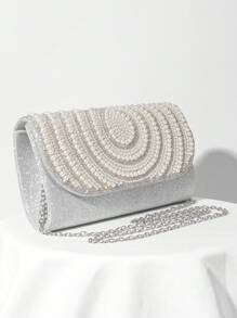 Bolso de mano de noche tipo sobre con decoración de perlas falsas, bolso de novia romántico para boda, bolso de gala con adornos de cristales de lujo para vestido de noche, bolso de mano formal con correa cruzada para fiesta