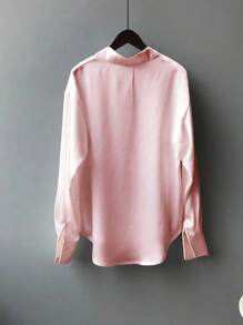 Plus Size Women's Solid Color Long Sleeve Casual Loose Blouse - Pink - View 2