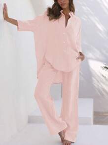 Women's 2 Piece Outfits Sets Button Down Half Sleeve Shirts And Long Pants  Sets Summer Casual - Hồng - Xem 4
