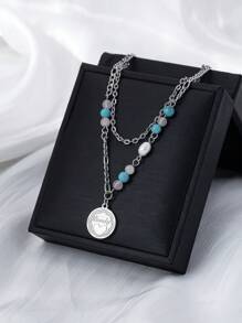 1 件波西米亚风格绿松石和淡水珍珠不锈钢项链，带心形吊坠，适合女性约会和聚会