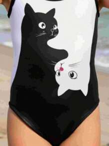Young Girls Cute Cartoon Black & White Cat Print One-Piece Swimsuit