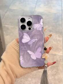 New Gradient PC+TPU Butterfly Pattern Electroplated Anti-Fall Phone Case With Decorative Beaded Tassel Fan Pendant, Compatible With Apple 16/16 Pro/16 Pro Max, Compatible With Redmi, 14 Pro - Multicolor - View 2