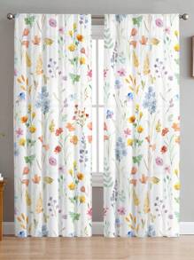 2 Pieces Floral Patterned Semi-Sheer Curtains, All Season Home Decor Window Drape For Bedroom/Living Room - Multicolor - View 1
