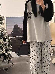 Sanrio Women's Cute Cartoon Pattern Fleece Warm Hello Kitty Pajama Set, Including Long Sleeve Crew Neck Top And Pants, Comfortable Loose Fit, Suitable For Spring, Autumn And Winter, Fall Clothes