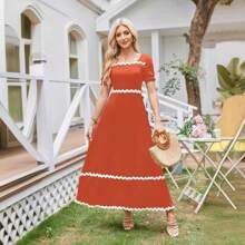 Fashion Casual Spring And Summer Square Neck Lace Back Pleated Puff Sleeve Dress - Army Green - View 3