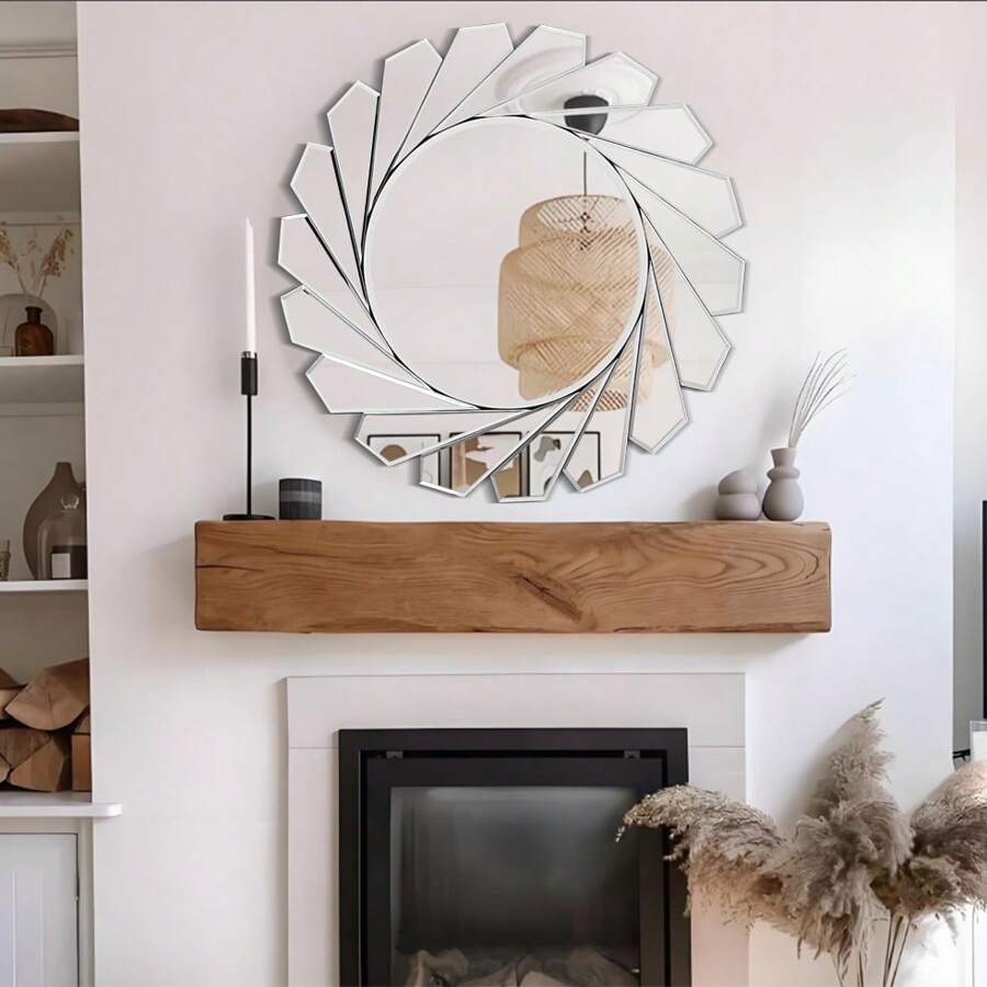 1 oglindă decorativă de perete 60x60cm, oglindă rotundă cu model clasic de soare argintiu, potrivită pentru sufragerie, dormitor, baie și alte spații de acasă