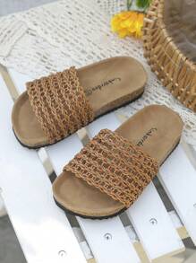 1 Pair Kids' Fashion Casual Handmade Woven PU Material Net-Stripe Insert Gold Decor Non-Slip Soft Wood Flat Open Toe Beach Slippers, Suitable For Summer - Brown - View 2