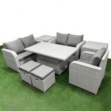 Fimous High Back Poly Rattan Garden Furniture Set With Reclining Chair Loveseat Sofa Adjustable Lifting Dining Or Coffee Table Indoor Outdoor Patio  Set 2 Stool 2 Side Table Light Grey - Light Grey - View 2
