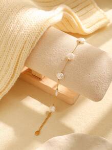 1 件时尚可爱的贝壳形不锈钢手链，清爽的休闲珠宝，适合日常佩戴和节日礼物，女士 - 金黃色和白色 - 查看 3