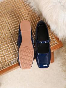 2026 女式复古方头玛丽珍平底鞋，百搭春秋休闲鞋，2025 新款亮面办公室女士乐福鞋，芭蕾 - 藍色 - 查看 6