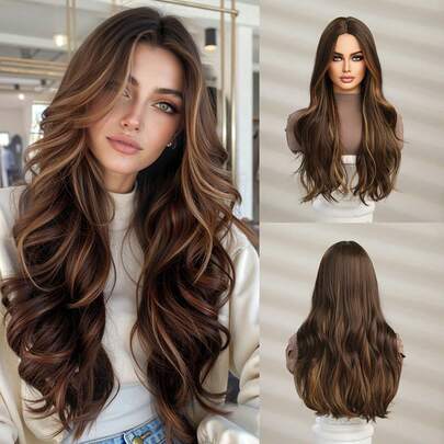 26英寸女士分层中分假发，棕色混色挑染，合成纤维，自然蓬松波浪假发