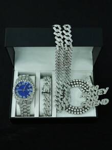 1 Set Of European & American Style "No Money No Faiend" Alloy Pendant Rhombus Cuban Link Chain Necklace & Bracelet & Men's Watch Gift Box Jewelry Set, Suitable For Daily Wear - NO MONEY NO FAIEND - View 31