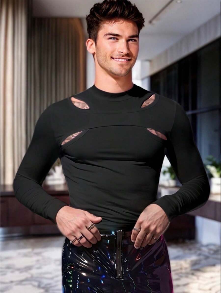 Men's Asymmetrical Four Hole Chest Long Sleeve T-Shirt - 黑色 - 查看 1