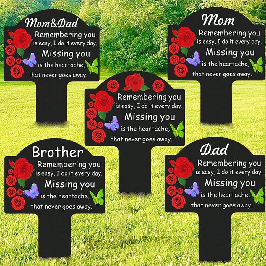 YAFITYES 1pc Garden Memorial Stake For Mom/ Dad/ Brother/ Mom & Dad/ Husband/ Wife/ And Other Loved Ones, Flower Butterfly Theme Weatherproof Plastic Grave Marker For Cemetery Decorations - Black - View 1