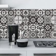 20 Peças Adesivos à Prova de Óleo Estilo Mandala Preto e Branco para Cozinha, 20x20cm, Autoadesivos, Azulejos Impermeáveis para Respingos, Adesivos Decorativos Flexíveis de Padrão Geométrico de Canto para Decoração de Parede, Decoração Doméstica, Decoração de Sala de Estar, Decoração de Quarto, Decoração de Banheiro