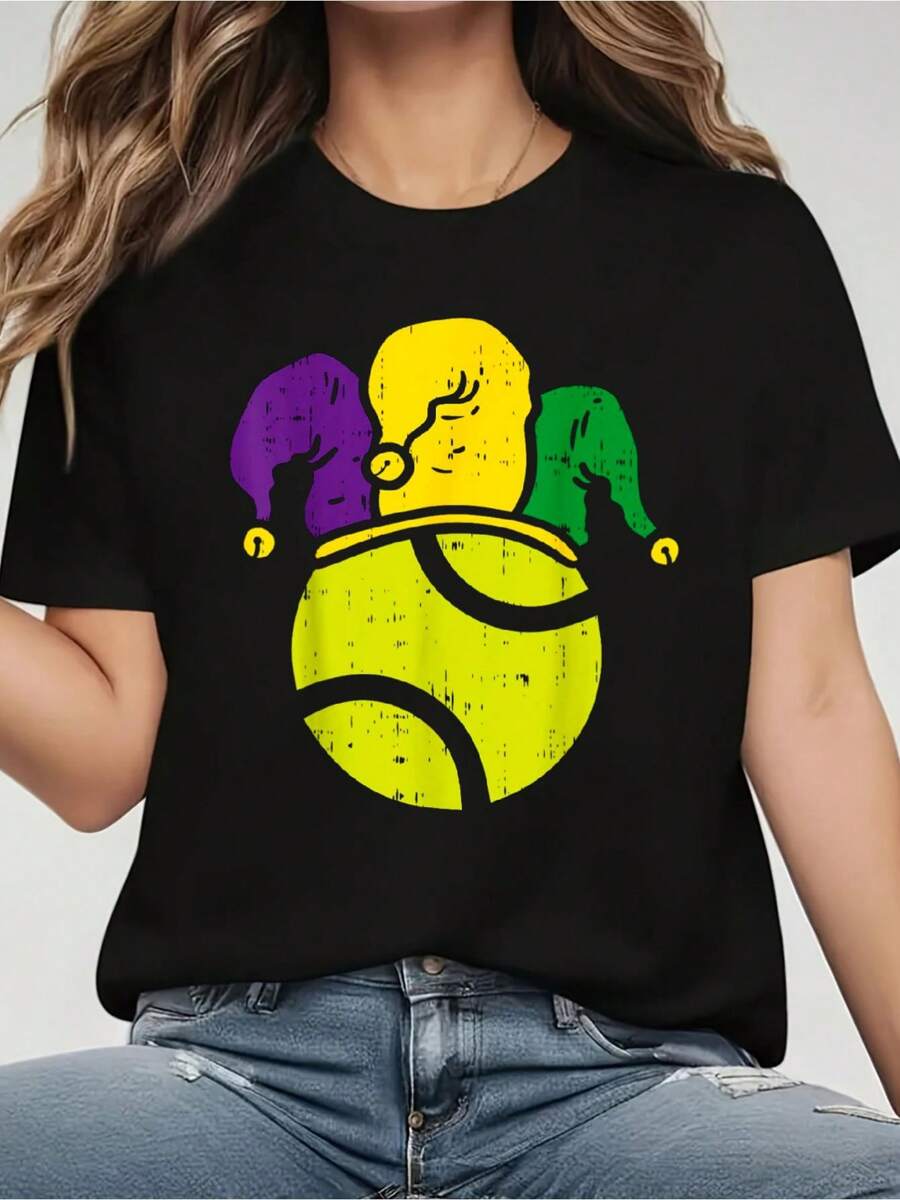 Tennis Ball Jester Mardi Gras Carnival Player Gift T-Shirt, Printed  Casual Crew Neck T-Shirt For Women - Summer & Spring Short Sleeve, Breathable 100% Cotton Top