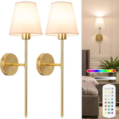 2 Sets Battery Powered Wall Lamps, Gold Rechargeable Wall Lights With Magnetic Detachable Remote Control Bulb, 12 RGB Colors & 3 Color Temperatures, Dimmable Wireless Wall Lamp For Bedroom