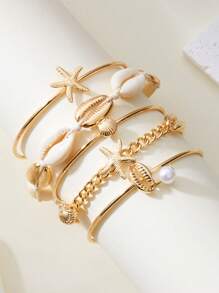 5pcs Fashion Starfish Bracelet Set, Boho Summer Beaded Sea Shell Pendant Braided Chain Bracelet For Women, Daily Beach Vacation Street Photography Ocean Style - Gold - View 3