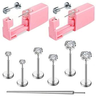 Juego de 9 piezas para perforación de orejas que incluye 2 perforadoras desechables, 6 aros de cartílago de oreja de labrete sin rosca con cristales de circonia cúbica y 1 taper de inserción