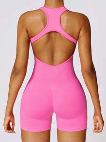 Yefecy Yoga Basic Solid Rib-Knit Seamless Sports Romper,Ribbed Solid Color Fashion Sports Jumpsuit,High Elastic Yoga Bodysuit,Women's Activewear,Spring And Summer Shapewear Bodysuit - Watermelon Pink - View 3