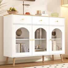 Esszimmerschrank mit Stauraum, Kaffeebarschrank mit 3 Schubladen und 3 gewölbten Türen mit Einscheibensicherheitsglas, TV-Schrank mit Stauraum, Dekoschrank mit 2 Seitentüren mit Einscheibensicherheitsglas, Dekotisch für TV-Entertainment in geschwungenem Design, Kommode weiß 4 Schubladen für Esszimmer, Wohnzimmer, Eingangsbereich, Holzdekor weiß