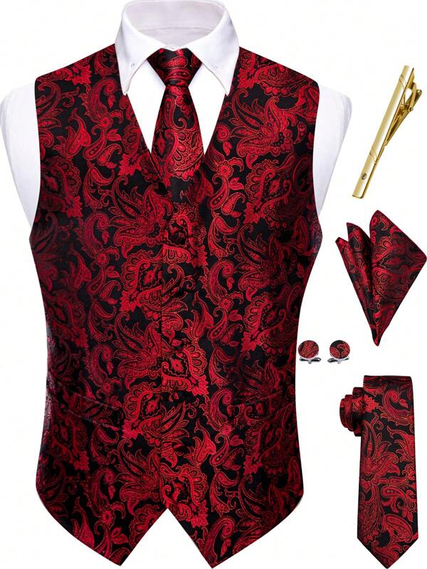 Docapeiton Chaleco de cuello en V rojo burdeos talla grande para hombres con bolsillo para corbata de 3,15 pulgadas de ancho, gemelos y pañuelo a juego. Chaleco elegante de corte ajustado de una sola hilera para hombre para negocios, fiestas y cenas