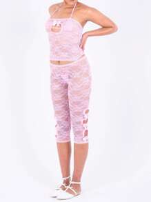 Women Lace Capri Pants Flower See Through Low Rise Knee Length Tight Shorts With 3D Bows - Pink - View 5