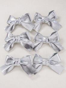 6pcs/Set Girls Silver Reflective Shiny Fabric Solid Bow Hair Clips, Minimalist Glossy Leather Lightweight Elegant Duck Clip Hair Accessories - Multicolor - View 4