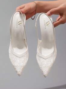 Fashionable White Lace Splicing High Heel Shoes, 2025 New Summer Hollow-Out Breathable Sexy Pointed Toe Party/Wedding Women Shoes