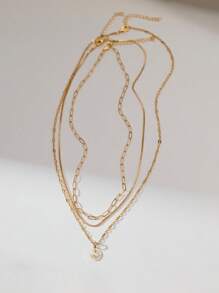 3 件/套时尚简约不对称别针和几何链分层吊坠项链，带有闪亮的方晶锆石星星和月亮元素，适合女性日常佩戴和送礼（随机链扣珠） - 金黃色 - 查看 3