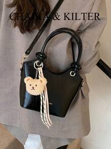 1pc CHAIKA & KILTER Glossy Solid Color PU Leather Shoulder Bag, Women's Fashion Handbag, Bucket Tote With Foil Lettering, Tie Strap Dual Handles, Zipper Closure, Detachable Adjustable Strap For Shoulder Or Crossbody Use, Suitable For Daily And Commuting