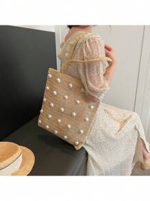 新款时尚镂空手提包，编织包，沙滩包，旅行度假观光包，珍珠包 - 卡其色 - 查看 3