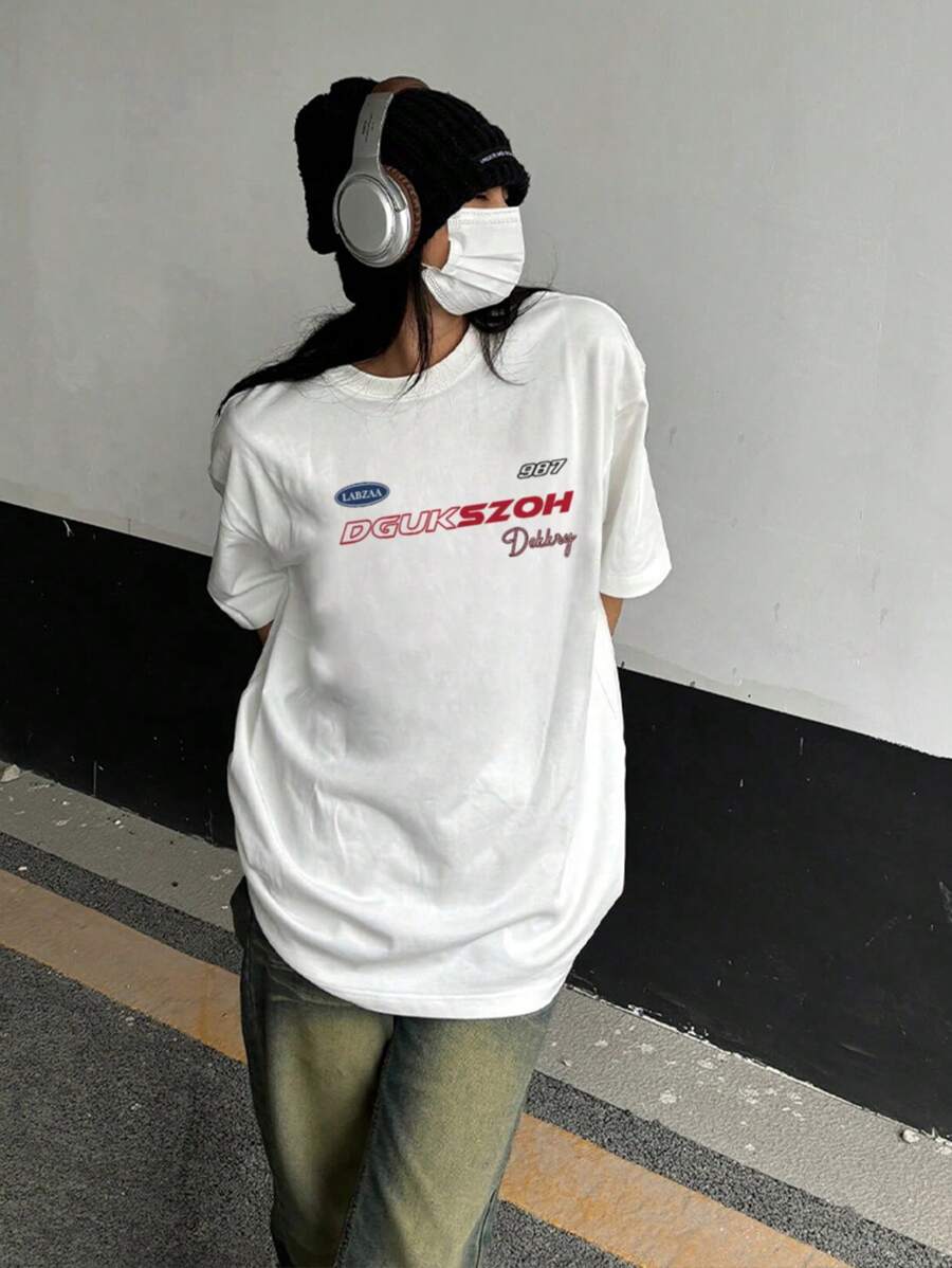 New Summer Women English Text Graphic Print Round Neck Casual Short Sleeve T-Shirt - White - View 1