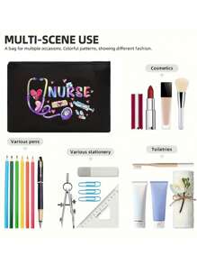 Polychrome Makeup Bag With Creative Patterns Related To The Nurse Theme, A Storage Bag With The Letter "Nurse", Which Can Store Medical , A Multifunctional Beauty Bag,Handbag, Coin Purse, Miscellaneous Storage, Medication Classification
